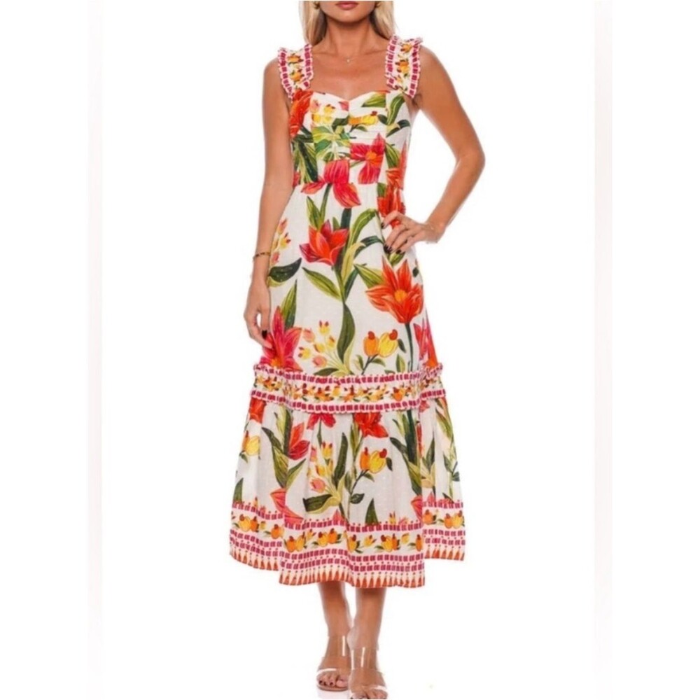 FARM RIO Cashew Garden tropical floral print tiered linen midi dress XS